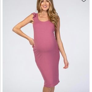 Mauve Flounce Sleeve Ribbed Maternity Dress